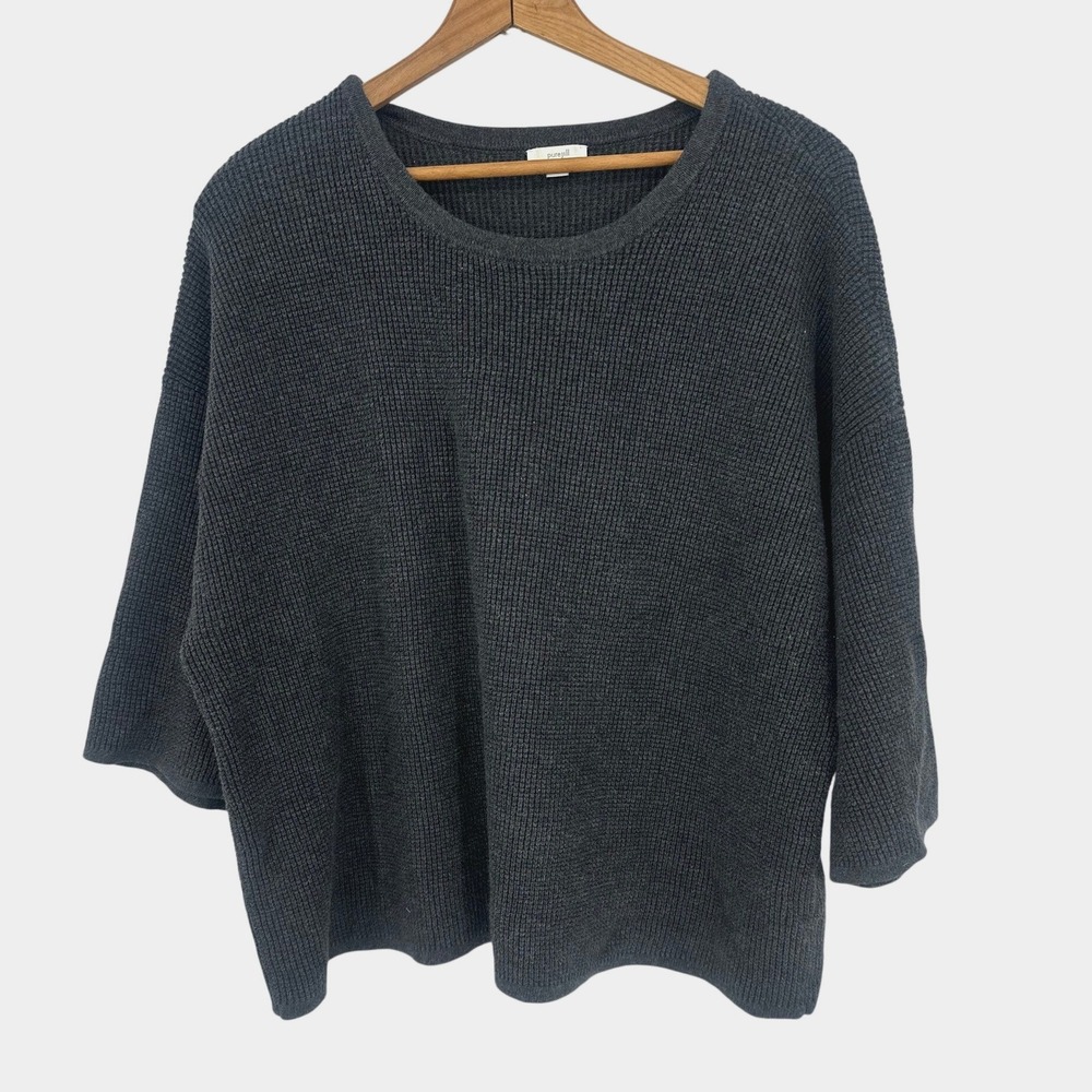 Pure Jill Sweater Womens L Gray Waffle Knit Boxy 3/4 Sleeve Pullover Minimalist